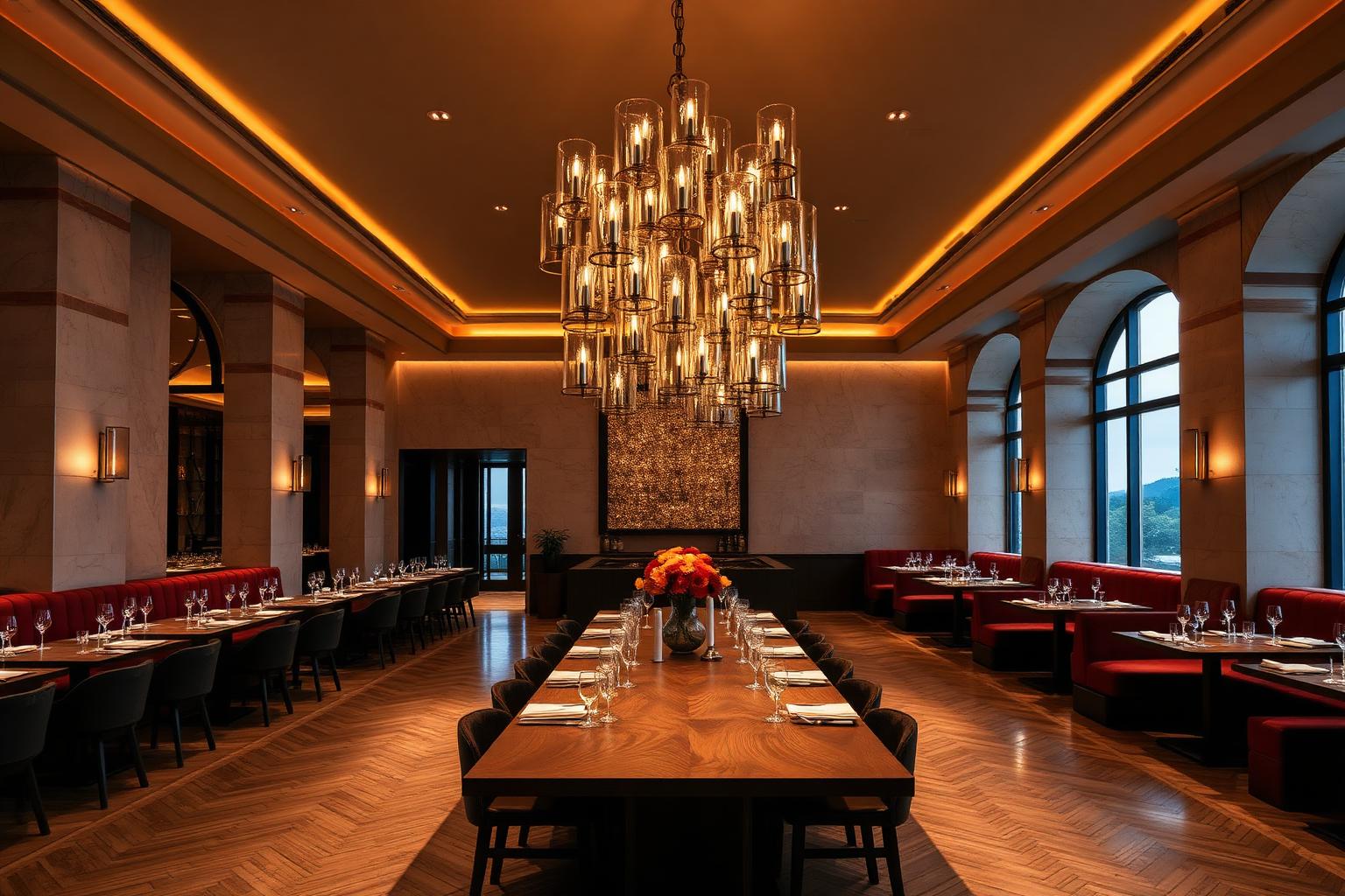 Fine dining reštaurácia — hlavná sála s mosadzným lustrom Lindsey Adelman a indirect cove