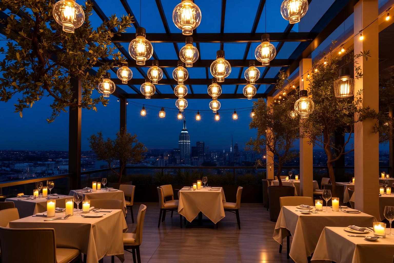 Rooftop terasa — modrá hodina — Fine dining reštaurácia architektonické osvetlenie