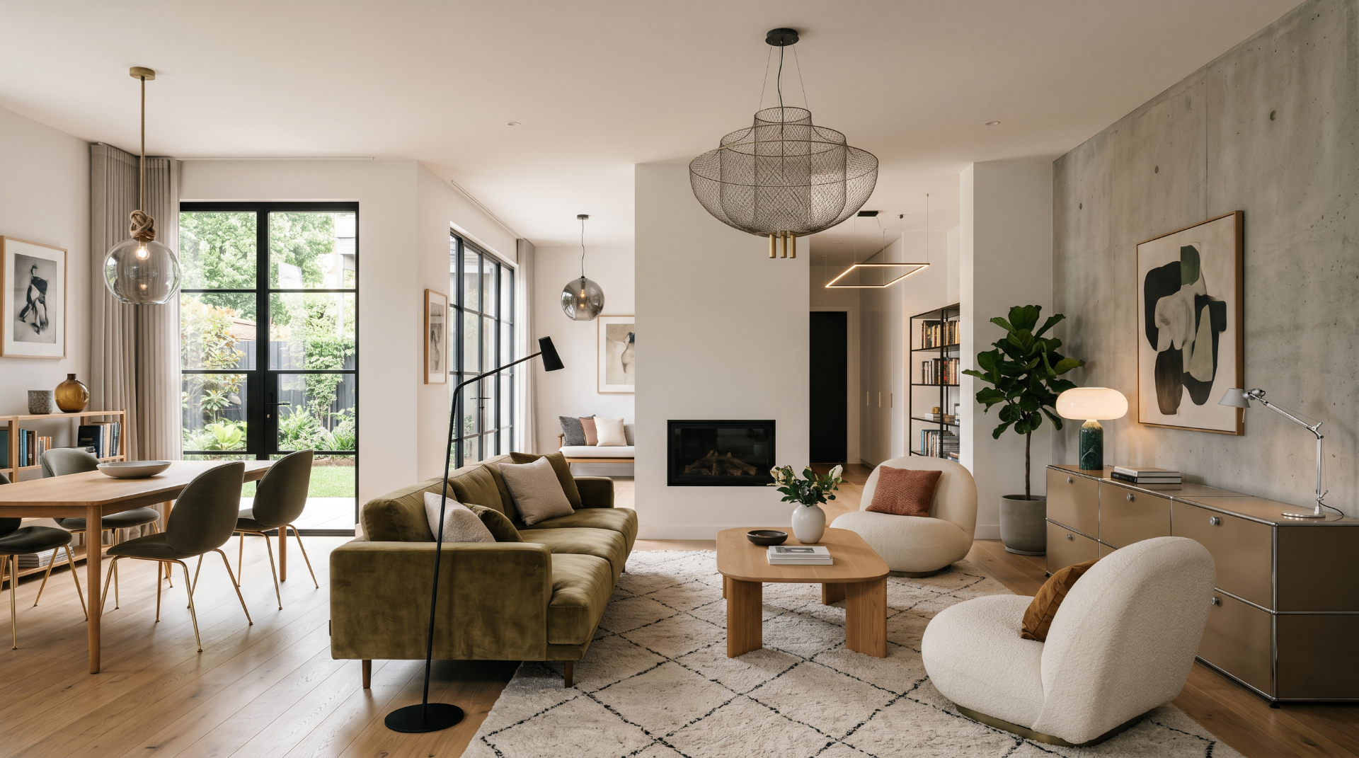 Olivový velvet salón — Dizajnové obývačky architektonické osvetlenie