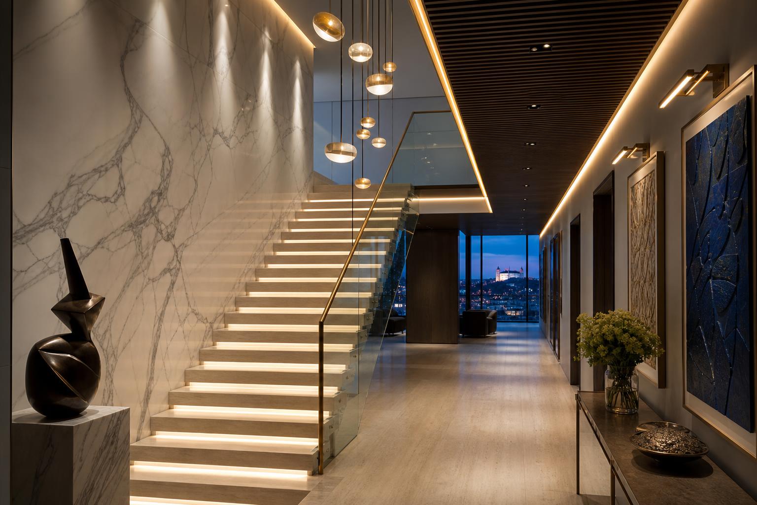 Galéria & plávajúce schody — Penthouse Bratislava architektonické osvetlenie