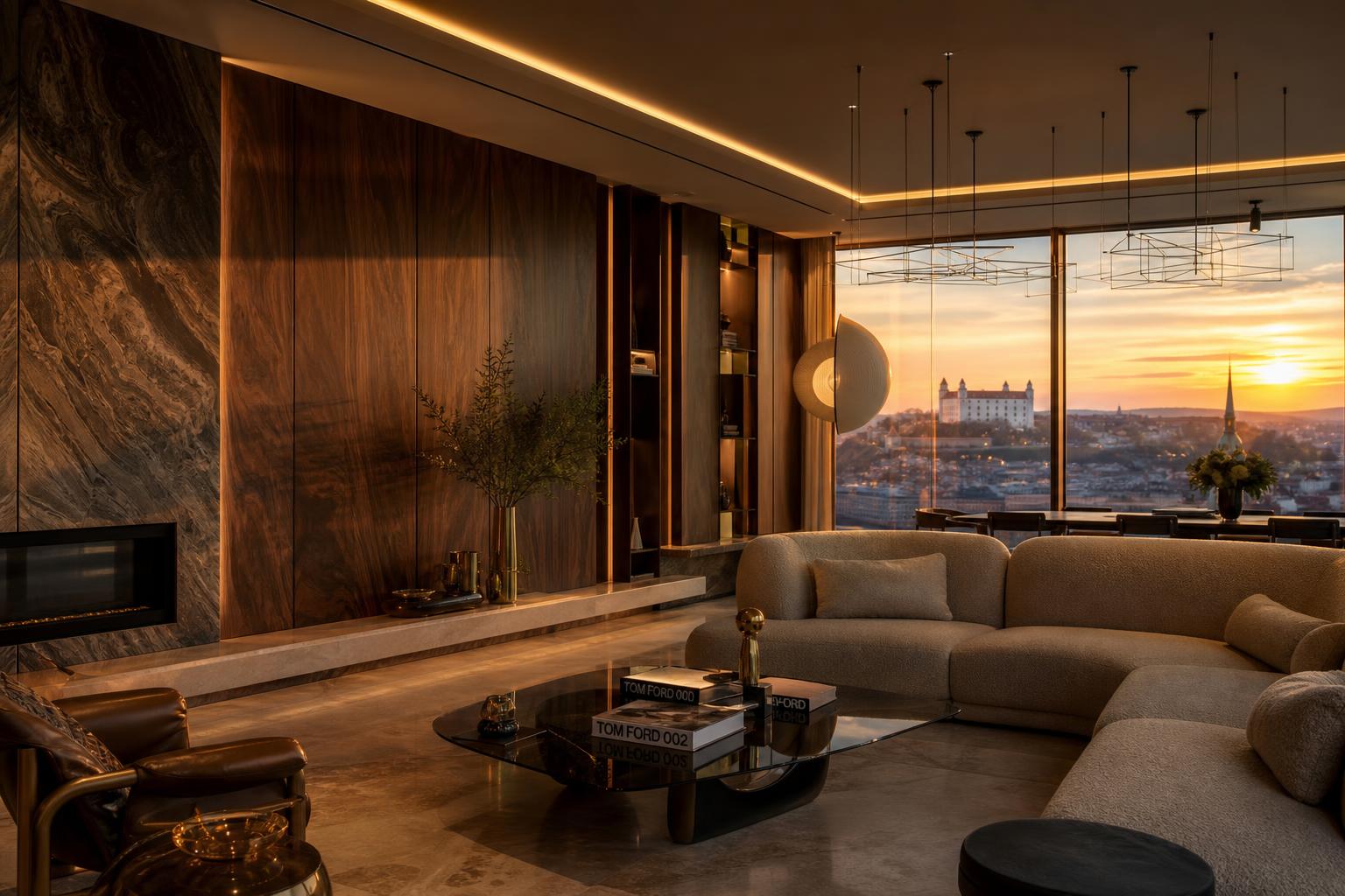 Obývacia izba luxusného penthousu Sky Park s výhľadom na Bratislavský hrad pri západe slnka