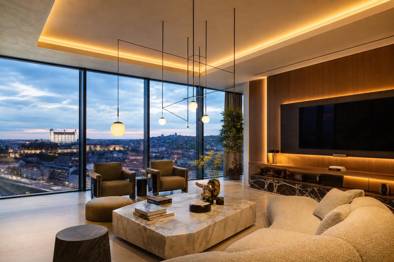 Penthouse Bratislava — pohľad cez panoramatické okná na Bratislavský hrad pri modrej hodine